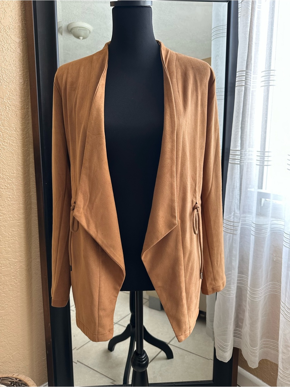 Thread + Supply Camel Faux Suede Open Front Jacket Cardigan Size Small - Picture 5 of 14